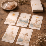 Cartas de tarot sobre mesa de madeira ao lado de cristais e flores secas