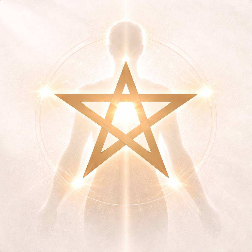 Pentagrama simbólico desenhado com linha contínua representando equilíbrio e integração