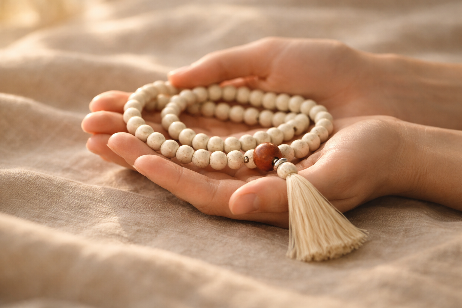 Mãos segurando um japamala de madeira — símbolo de presença e oração silenciosa.