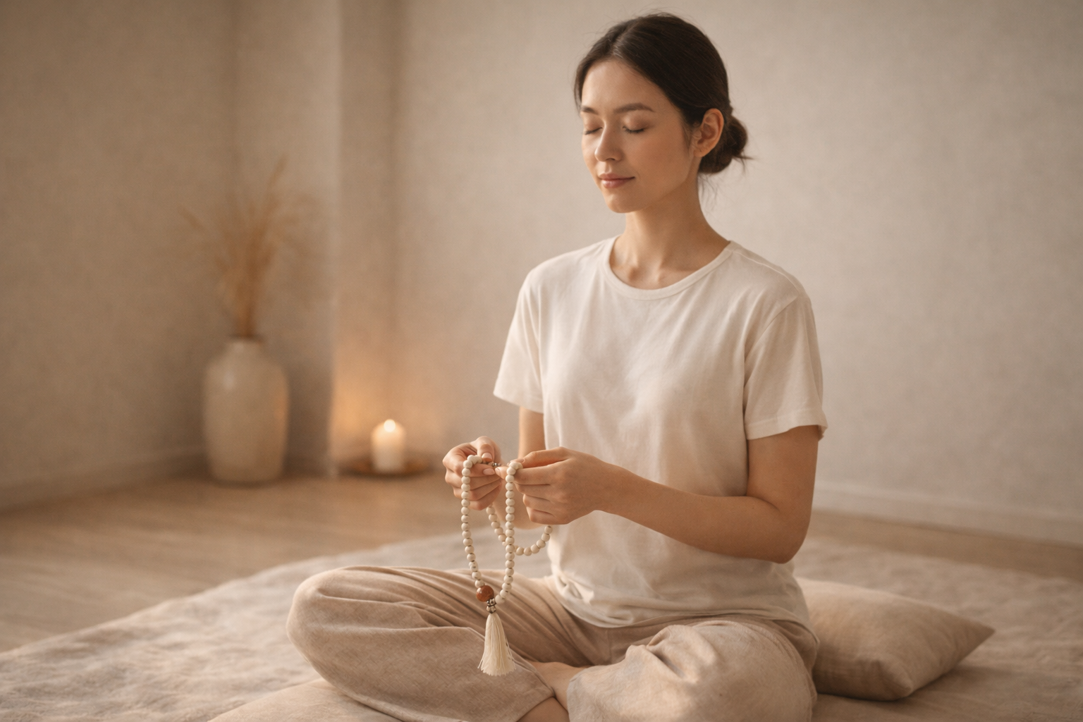 Pessoa meditando com japamala — prática de presença e respiração.