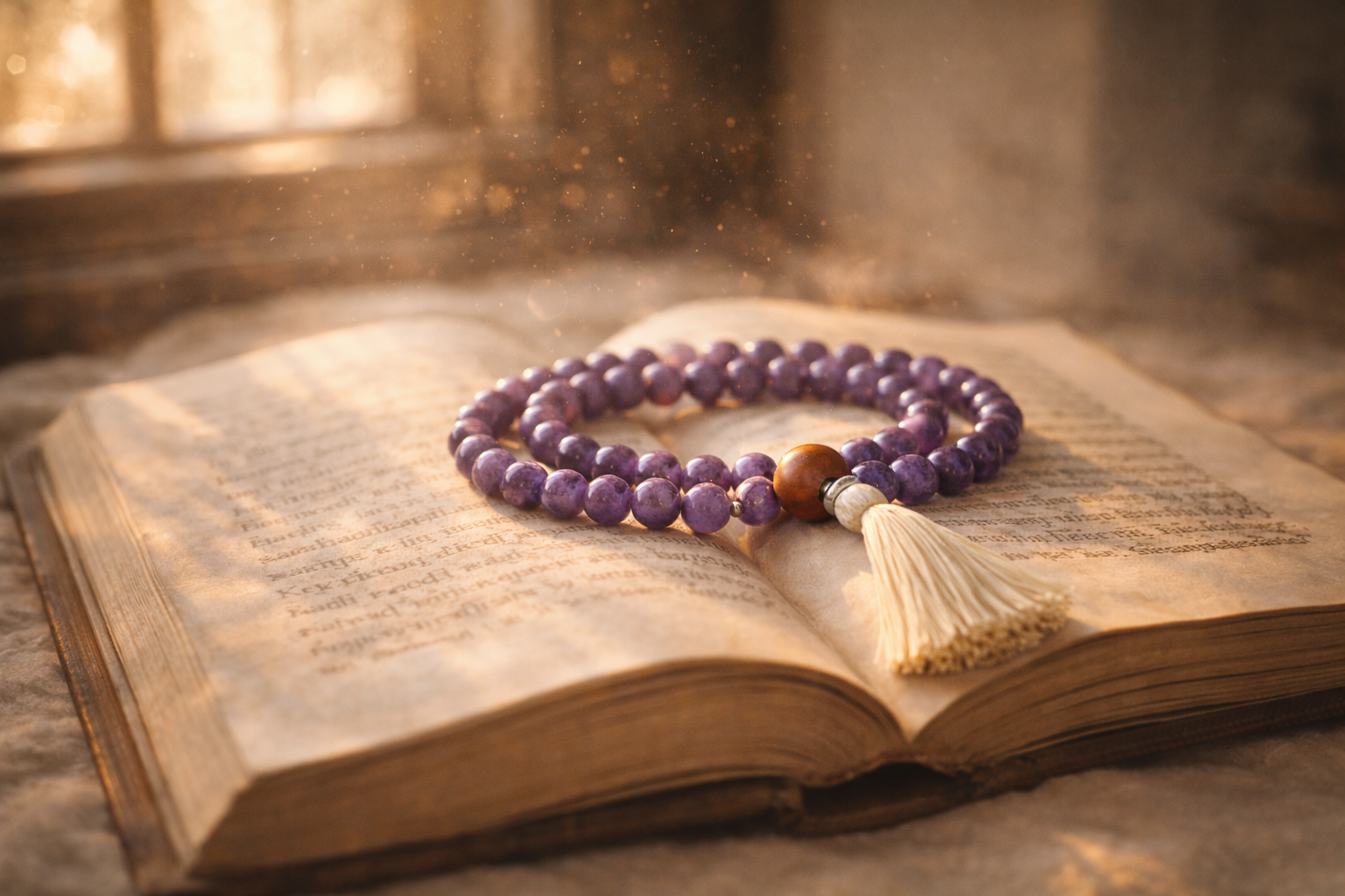 Japamala enrolado entre as mãos — símbolo de equilíbrio emocional e foco.