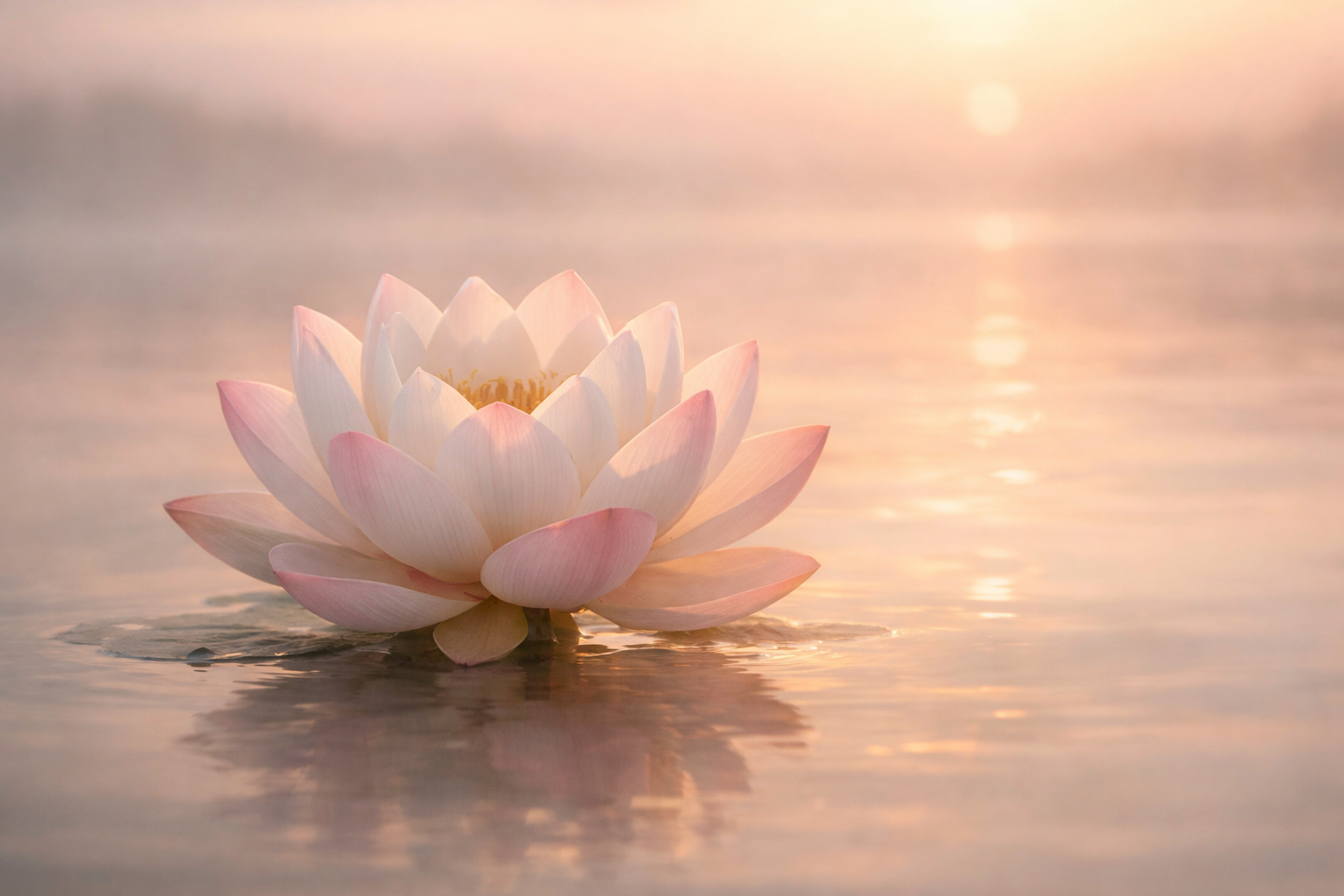 Flor de lótus nascendo da água ao amanhecer – símbolo de renascimento espiritual.