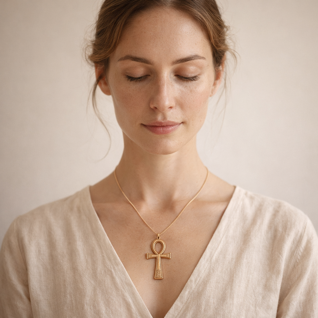 O ankh como símbolo de contemplação Mulher usando colar com símbolo ankh