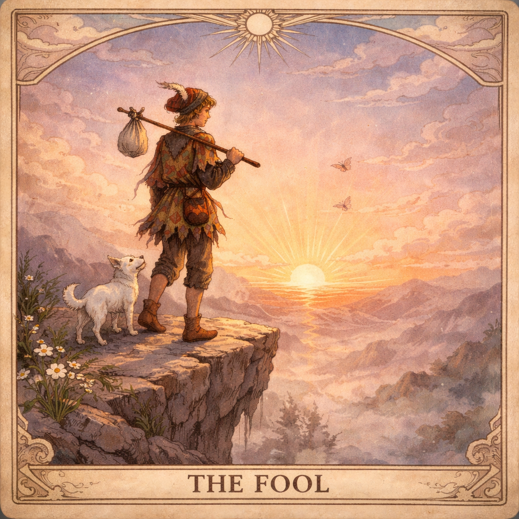 O Louco no Tarot simbolizando o início de um novo caminho com medo e curiosidade