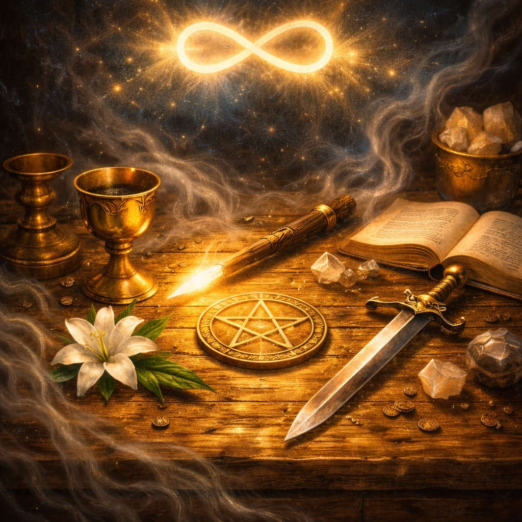 Elementos simbólicos da carta O Mago no Tarot sobre a mesa.