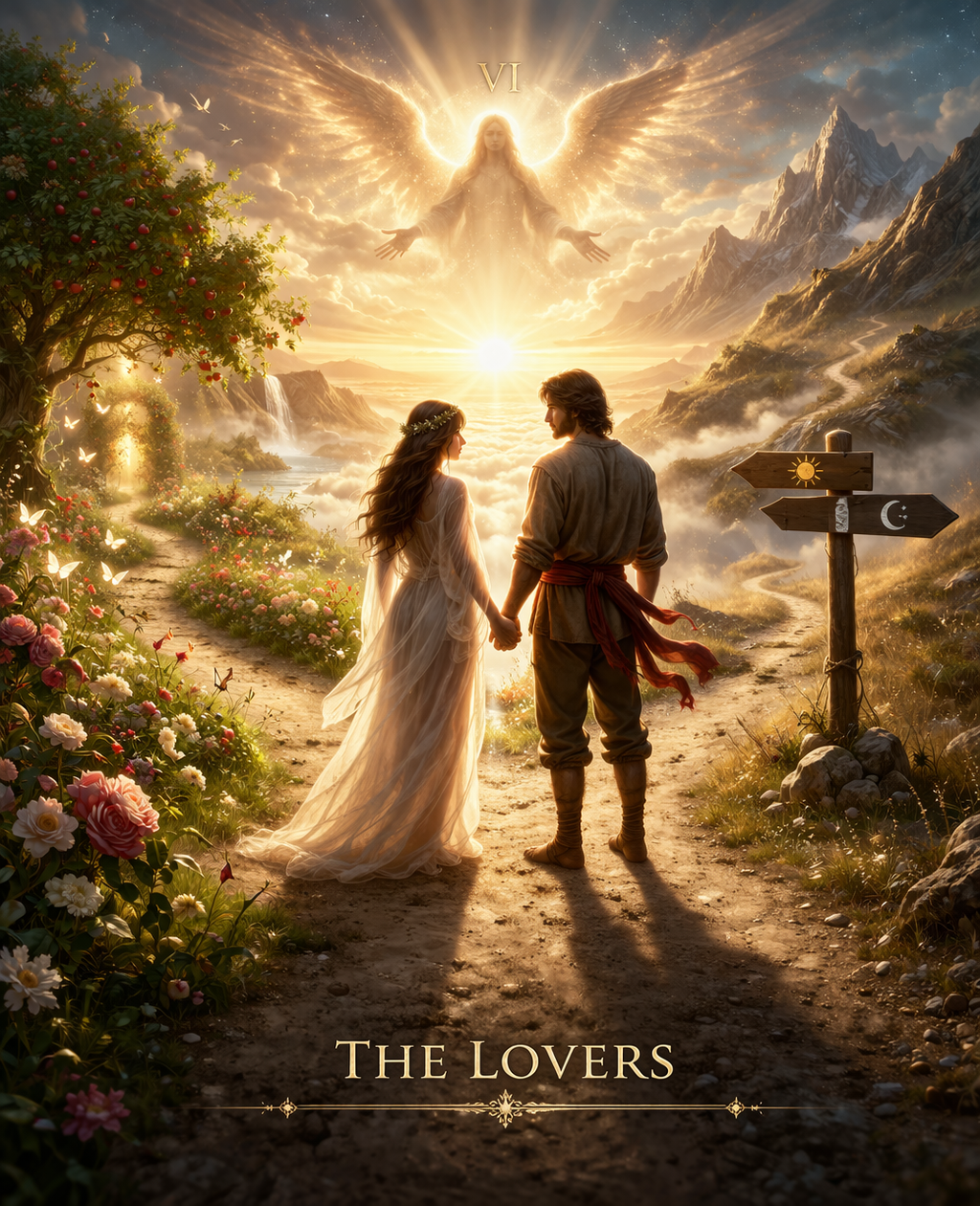 Carta Os Enamorados no Tarot simbolizando escolha e encruzilhada emocional