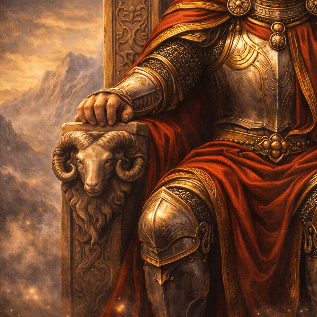 Simbologia da carta O Imperador no Tarot com trono e montanhas