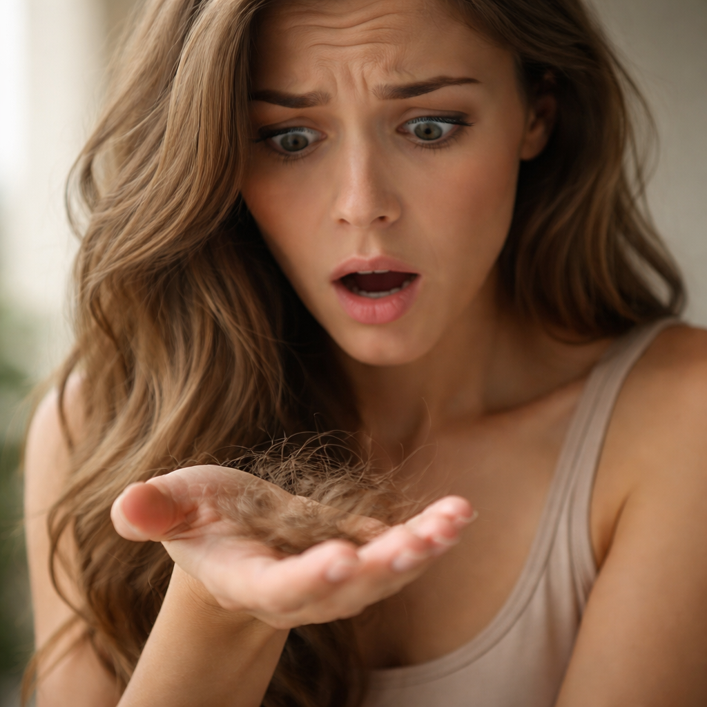 Mulher com expressão de surpresa ao ver cabelo caindo nas mãos, representando sonhar com cabelo caindo.