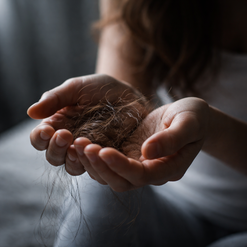 Fios de cabelo caindo nas mãos simbolizando desgaste emocional.