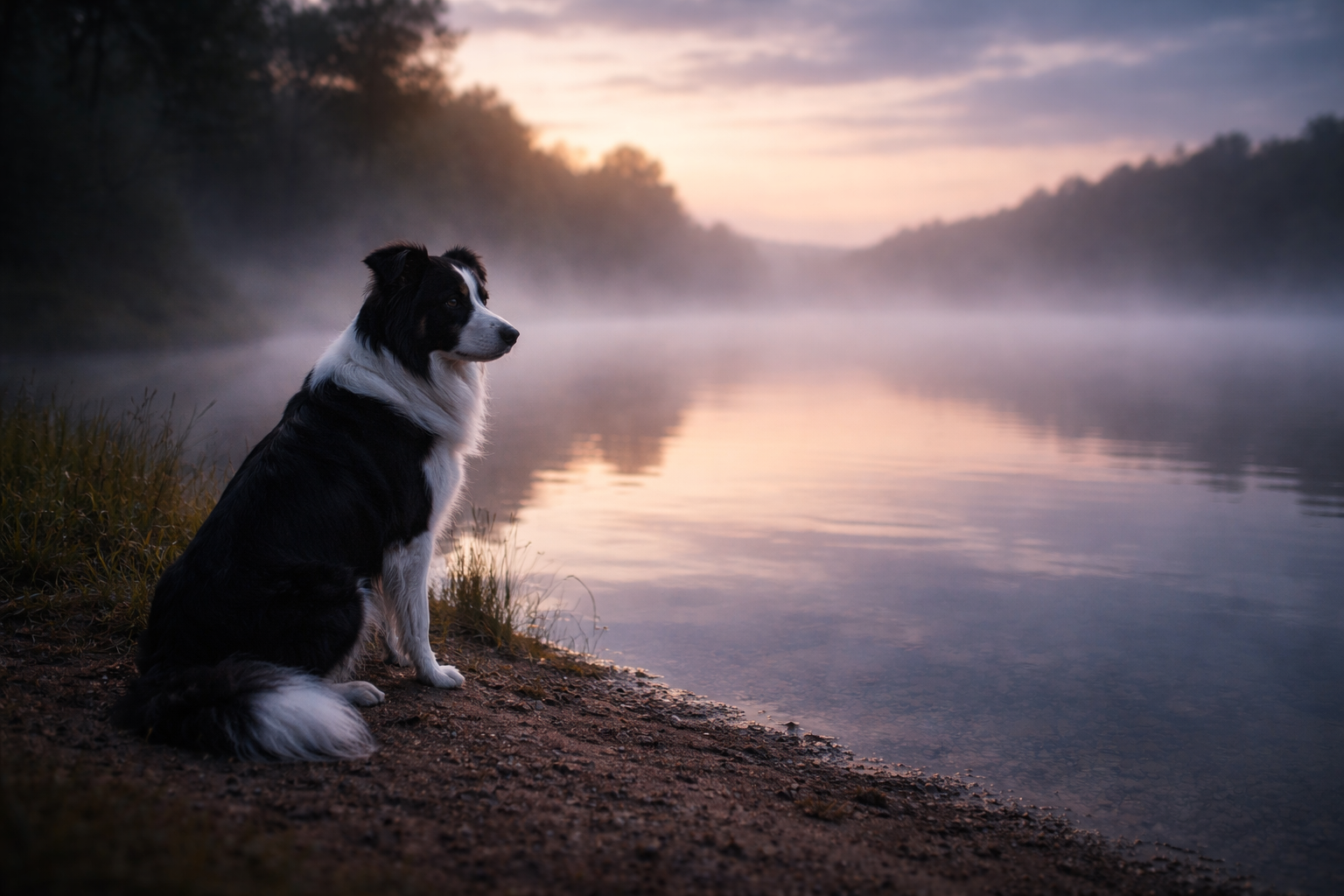 Cachorro sentado à beira de um lago ao amanhecer com névoa suave e atmosfera introspectiva