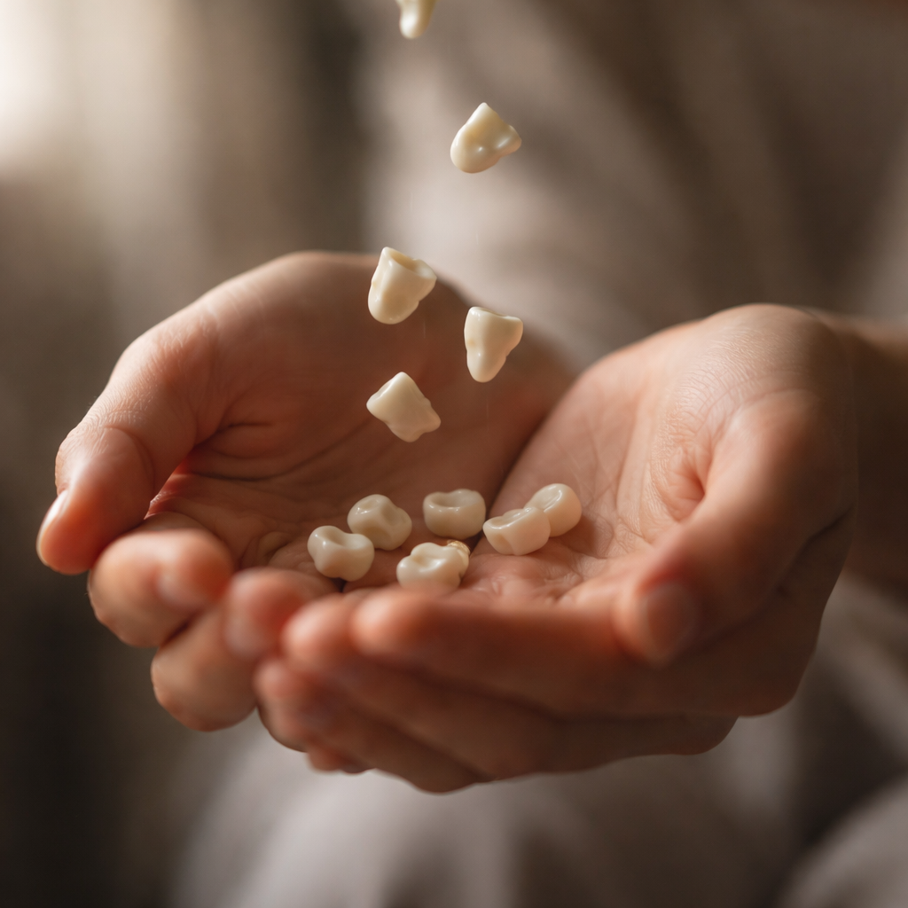 Dentes caindo nas mãos em representação simbólica de sonho