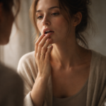 Mulher tocando a boca diante do espelho em cena simbólica sobre sonhar com dentes.