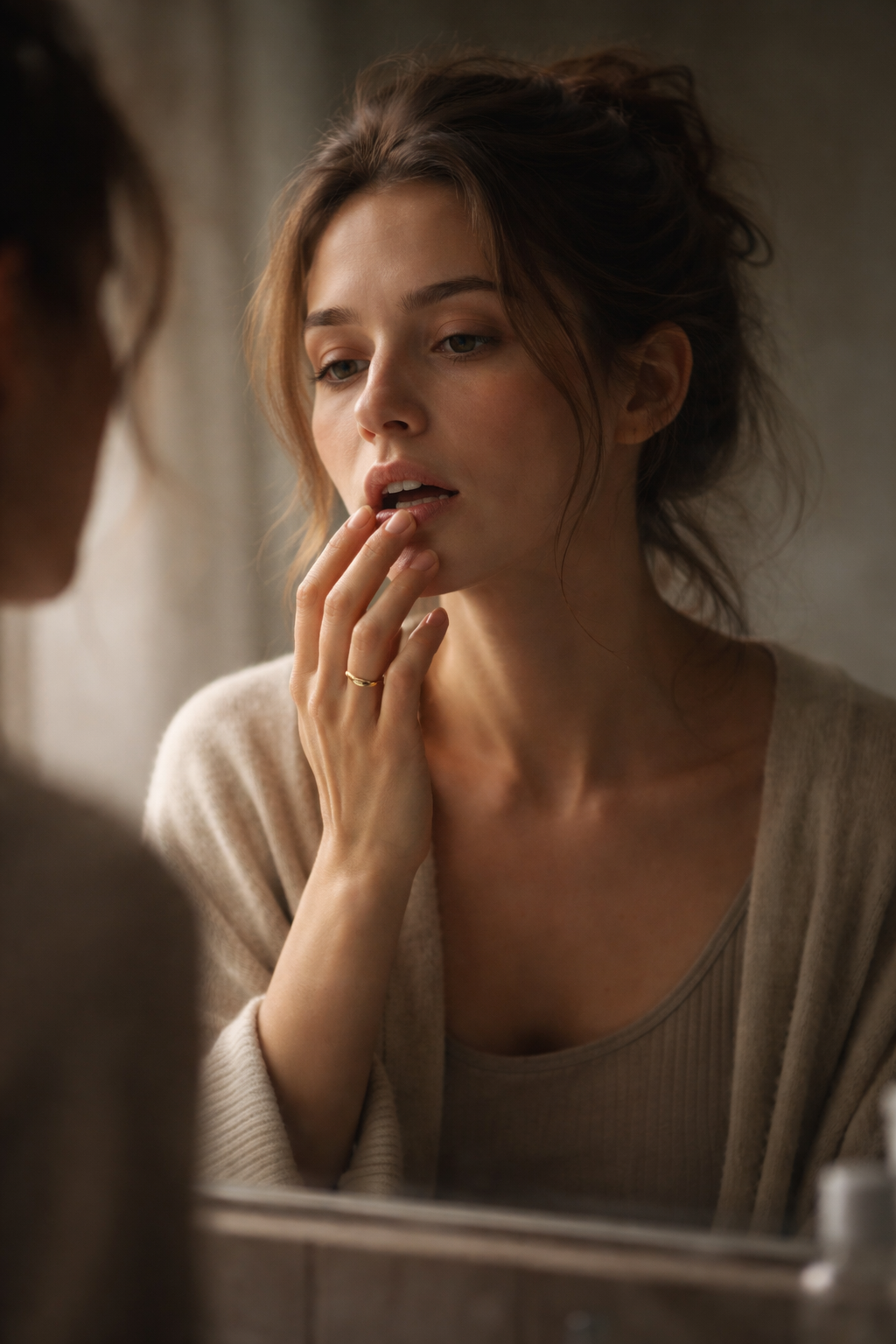 Mulher tocando a boca diante do espelho em cena simbólica sobre sonhar com dentes.