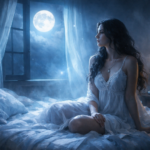Sonhos recorrentes representados por mulher refletindo à noite