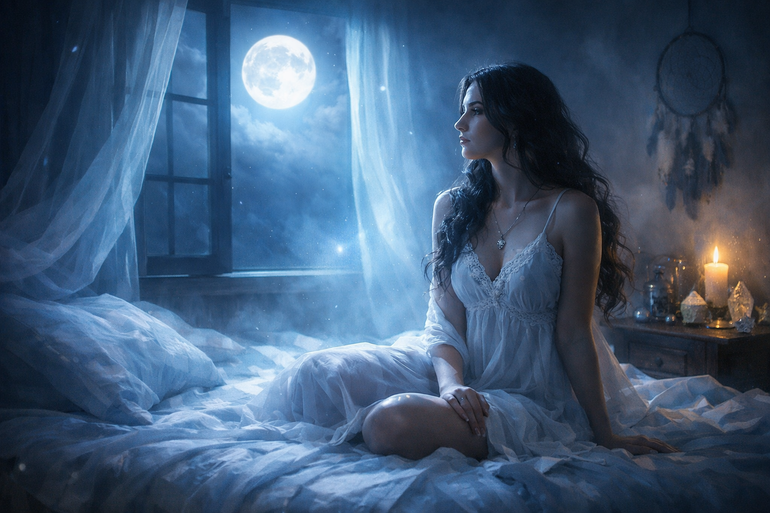 Sonhos recorrentes representados por mulher refletindo à noite