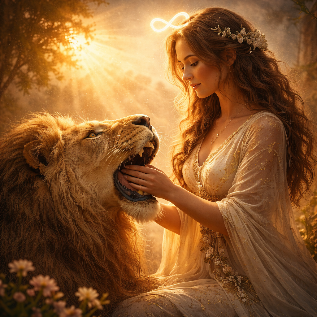 A Força no Tarot representada por mulher segurando leão com símbolo do infinito