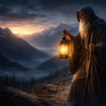 O Eremita no Tarot segurando lanterna em paisagem montanhosa escura