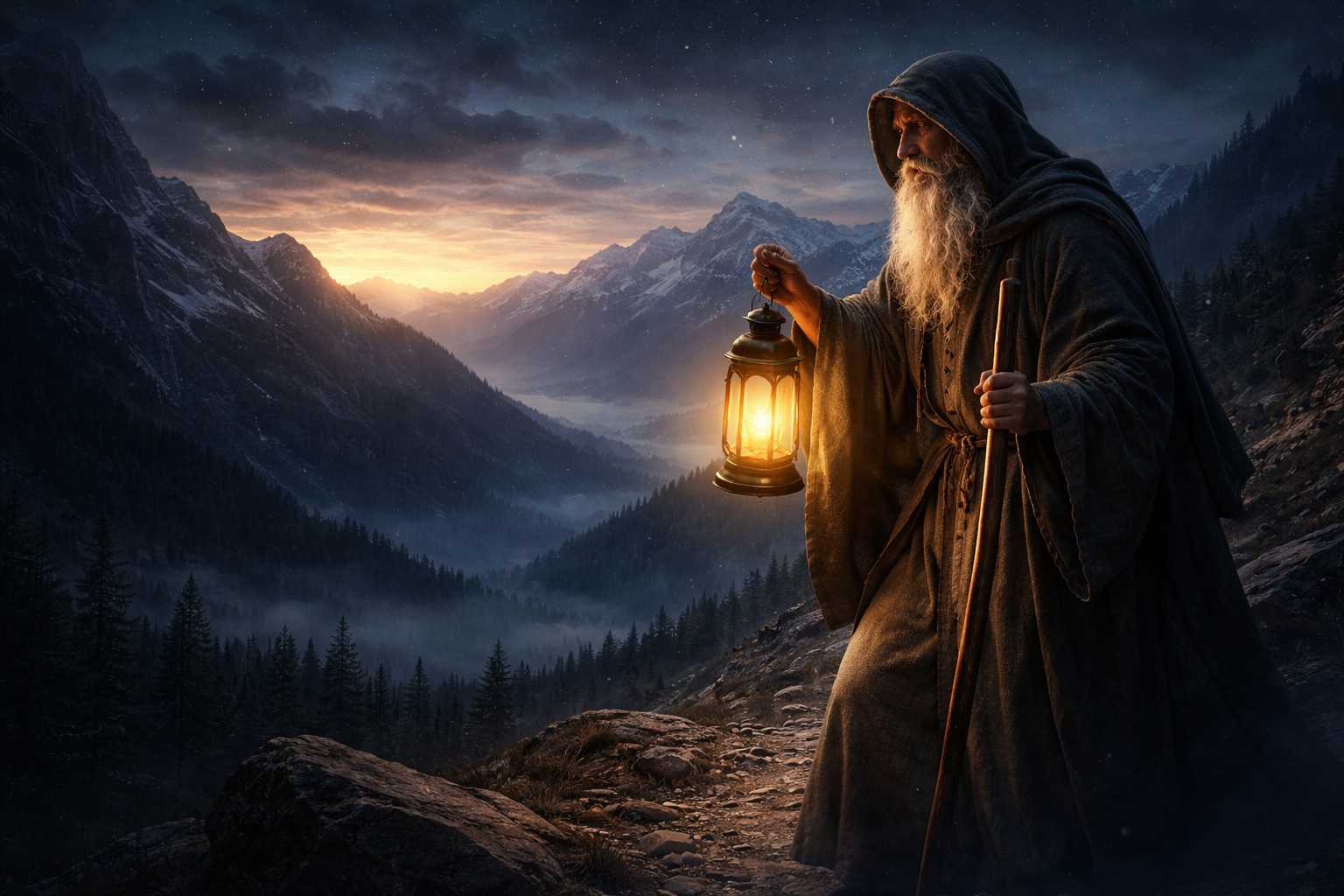 O Eremita no Tarot segurando lanterna em paisagem montanhosa escura