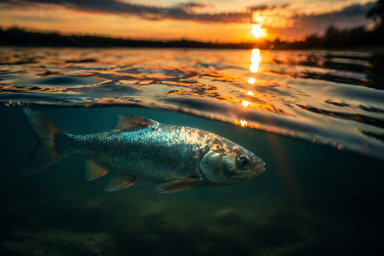 Sonhar com peixe em água calma ao entardecer representando emoções silenciosas