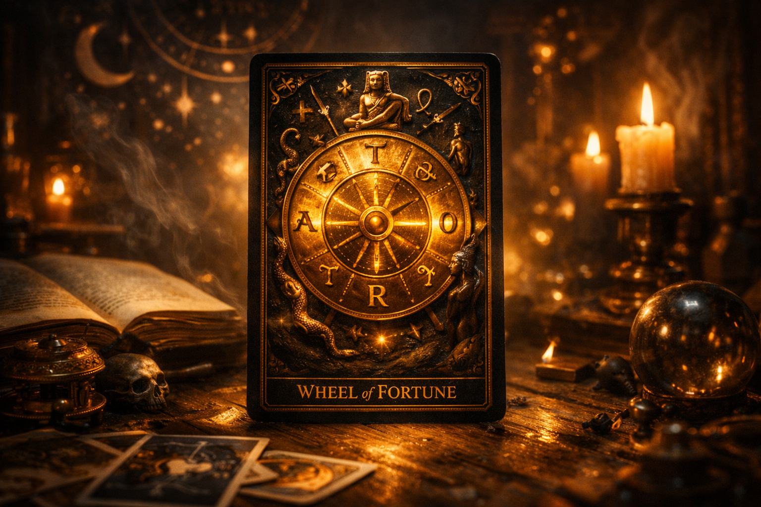 Roda da Fortuna no Tarot representando ciclos e mudanças inevitáveis” style=