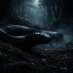 Sonhar com cobra preta em cenário escuro e misterioso representando emoções ocultas