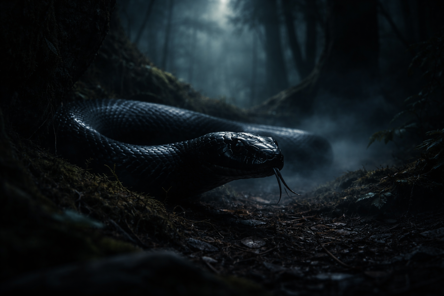 Sonhar com cobra preta em cenário escuro e misterioso representando emoções ocultas