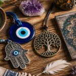 Símbolos de proteção espiritual organizados em mesa