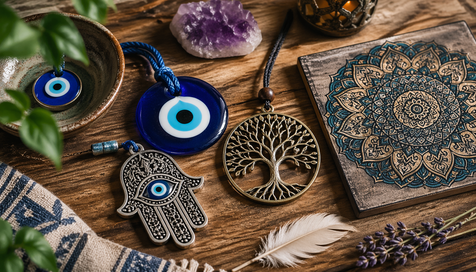 Símbolos de proteção espiritual organizados em mesa