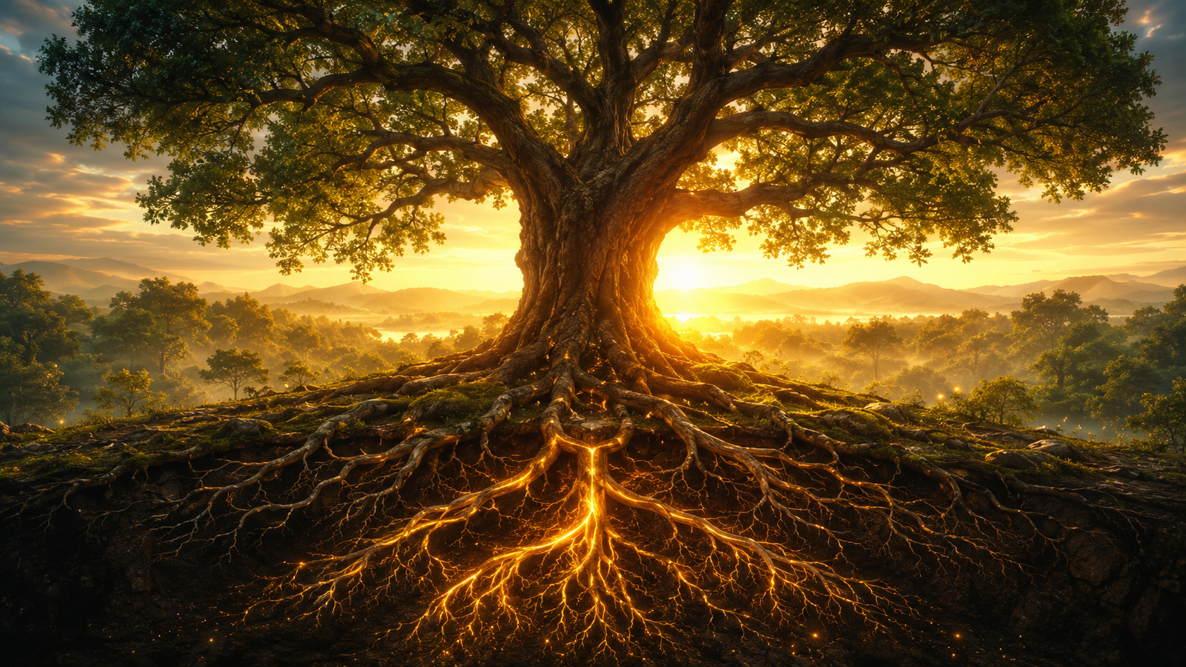 Árvore da Vida com raízes profundas simbolizando crescimento espiritual