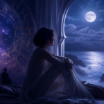 Casa 12 na Astrologia representada por céu noturno, símbolos astrológicos e atmosfera introspectiva