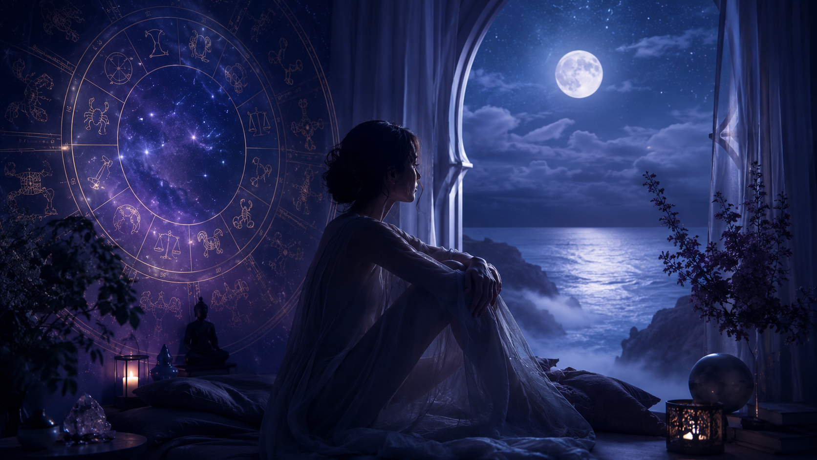 Casa 12 na Astrologia representada por céu noturno, símbolos astrológicos e atmosfera introspectiva