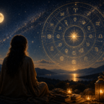 Pessoa observando um mapa astral luminoso como símbolo de autoconhecimento e casas vazias.