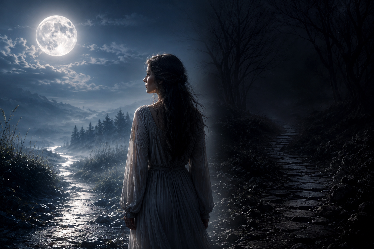 Mulher sob a luz da lua refletindo sobre intuição e medo no Tarot