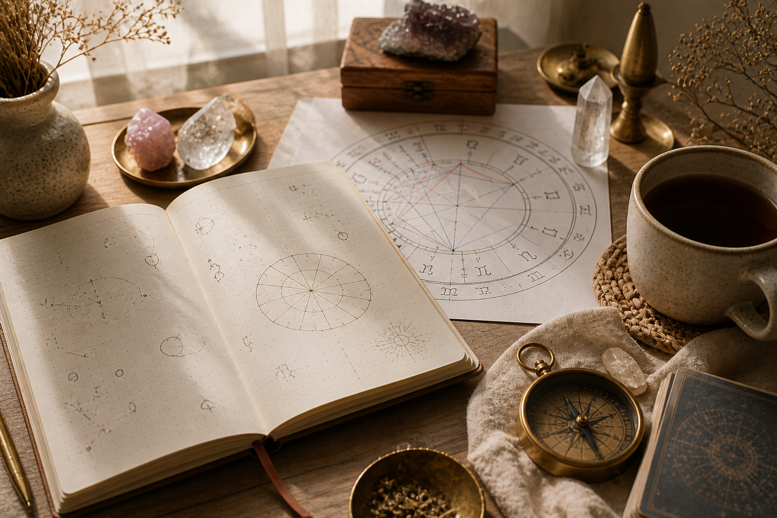 Mesa de estudos astrológicos para interpretar casas vazias no mapa astral passo a passo.