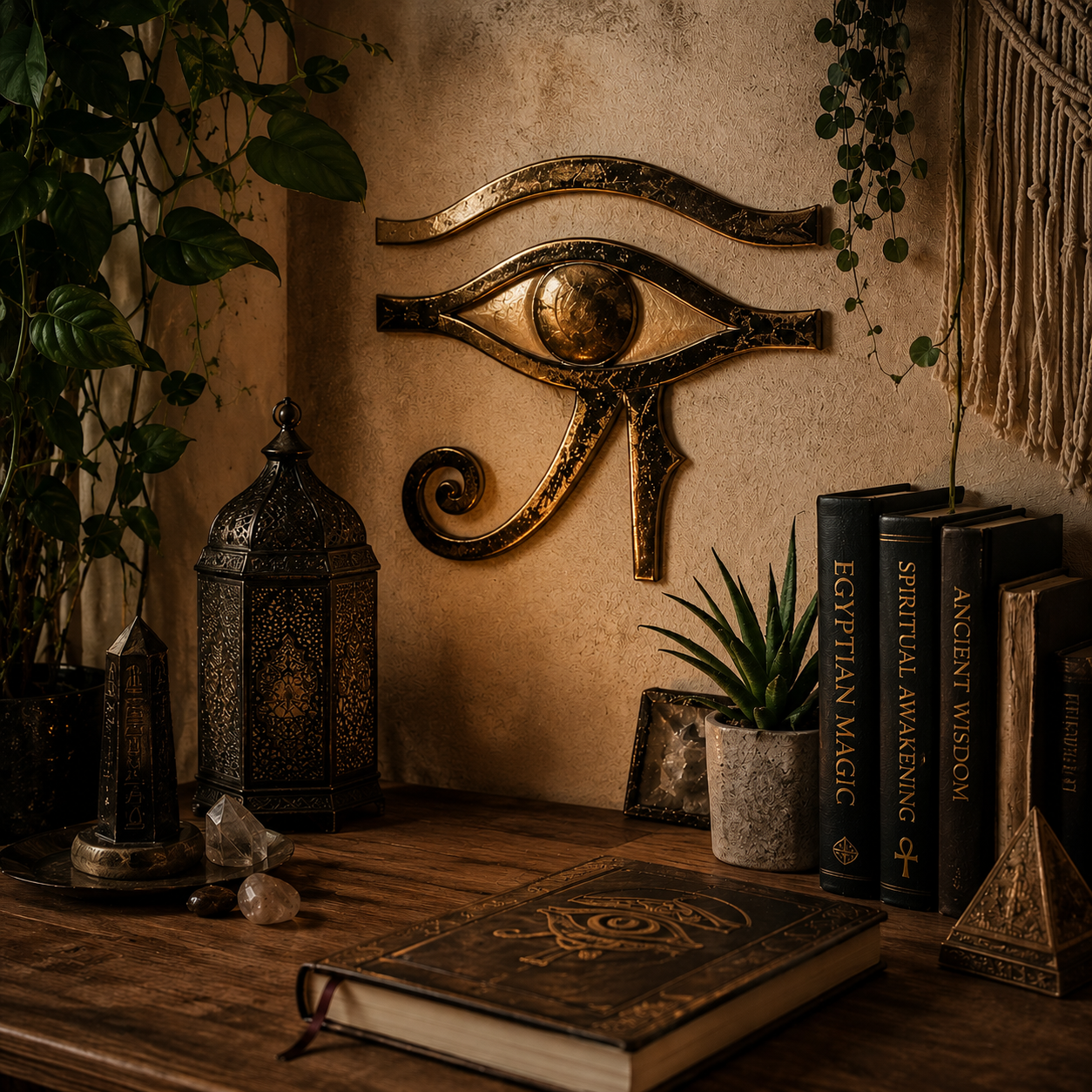 Decoração com Olho de Hórus em ambiente espiritual moderno