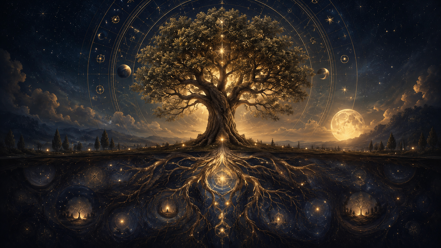 Fundo do Céu no mapa astral simbolizado por árvore, raízes e astrologia