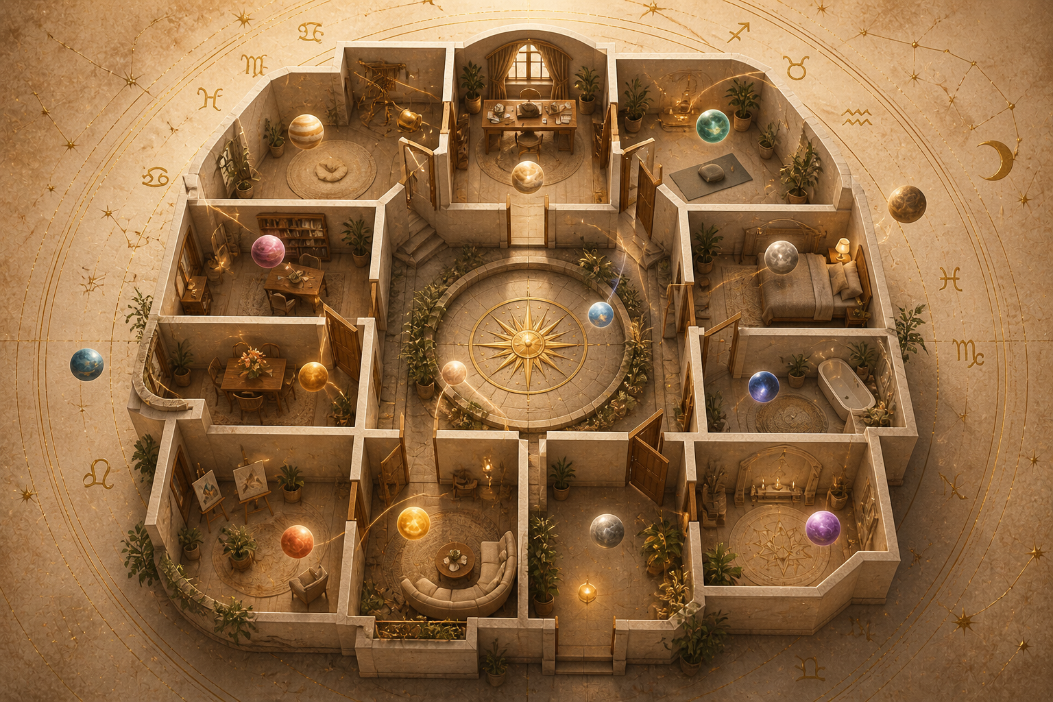 Casa simbólica com cômodos representando as casas astrológicas e áreas da vida no mapa astral.