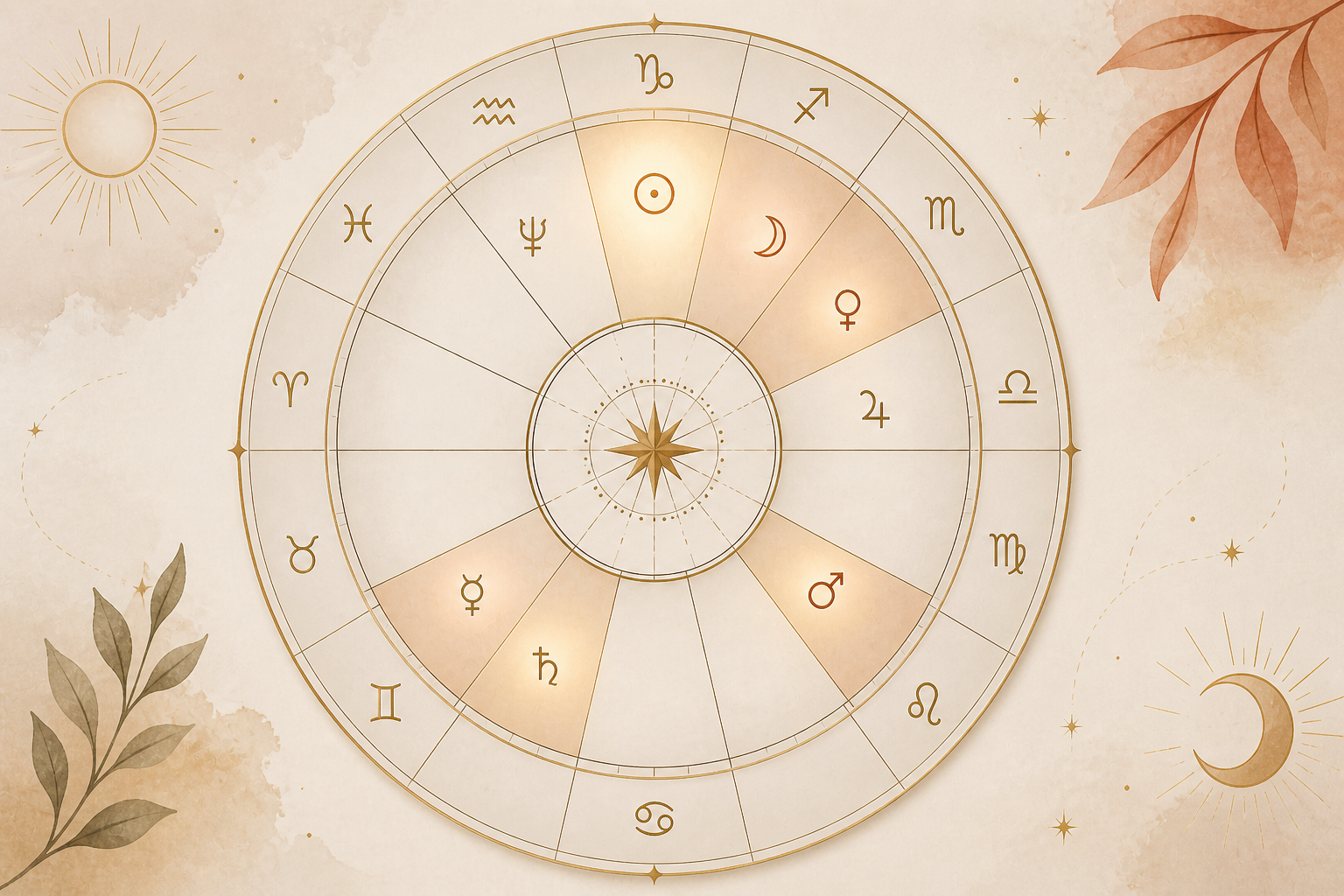 Roda astrológica com doze casas mostrando o conceito de casas vazias no mapa astral.