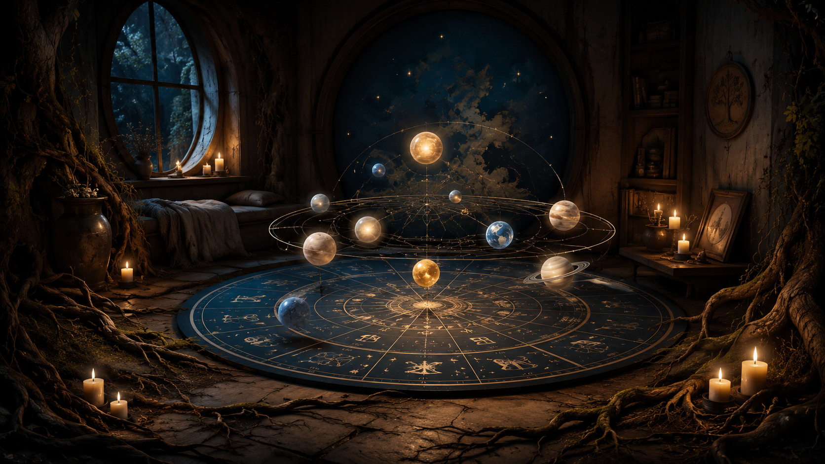 Planetas na Casa 4 do mapa astral simbolizados por raízes, lar e astrologia