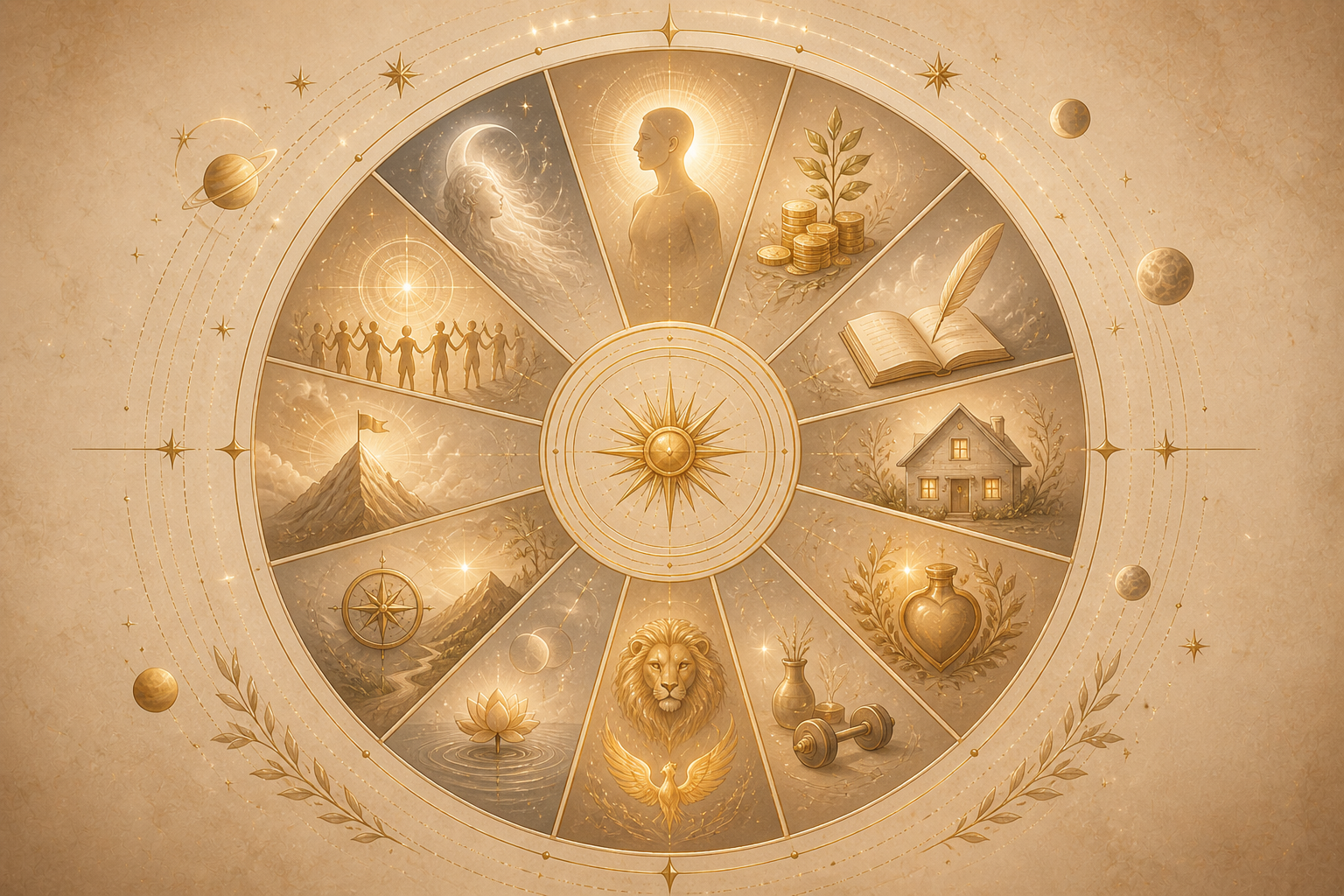 Roda astrológica com as 12 casas do mapa astral e seus principais significados simbólicos.