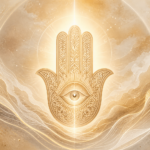 Hamsá iluminado representando proteção espiritual, limites emocionais e intuição.
