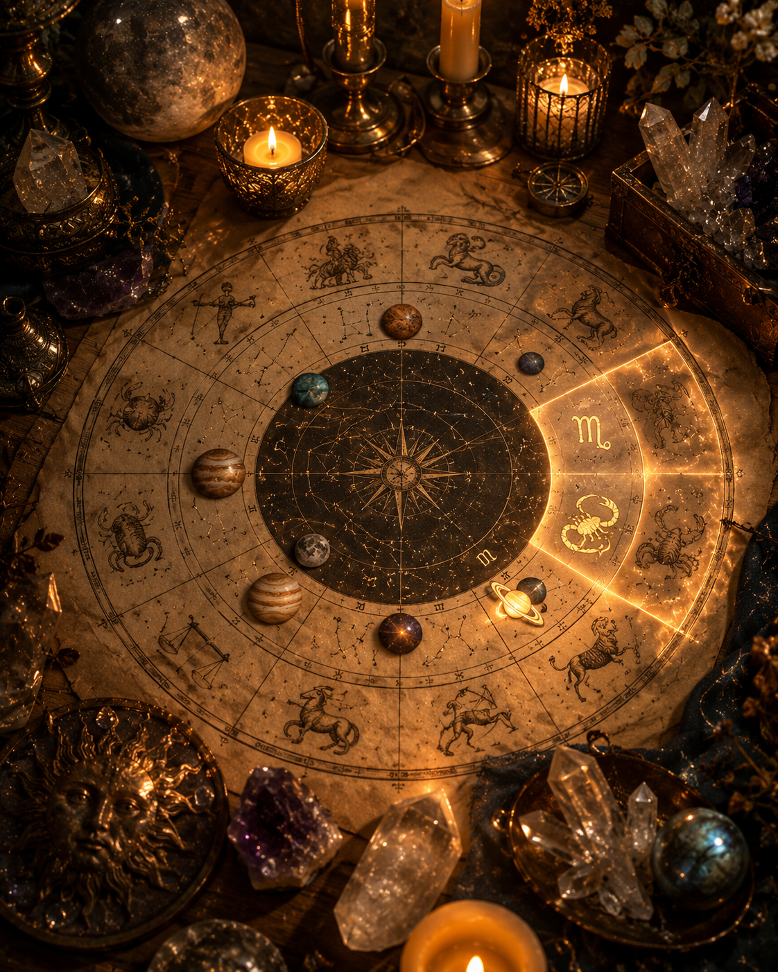 Mapa astral com destaque simbólico para signos e planetas na Casa 8
