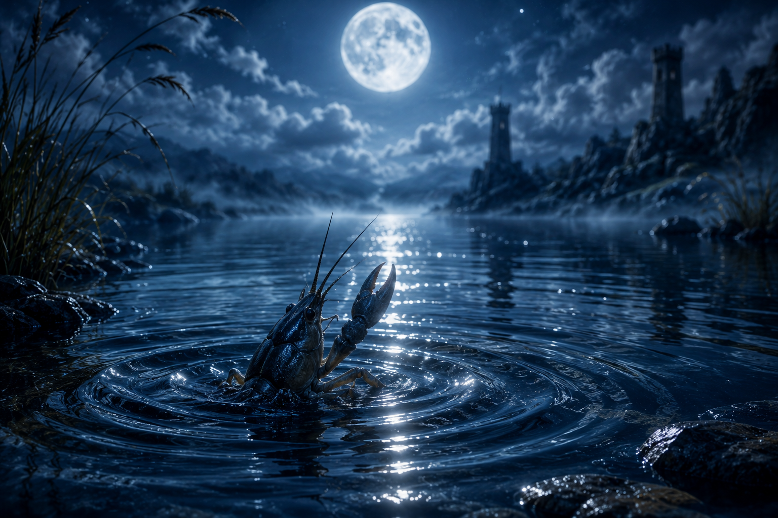 Simbolismo da carta A Lua no Tarot com lago e lagostim emergindo