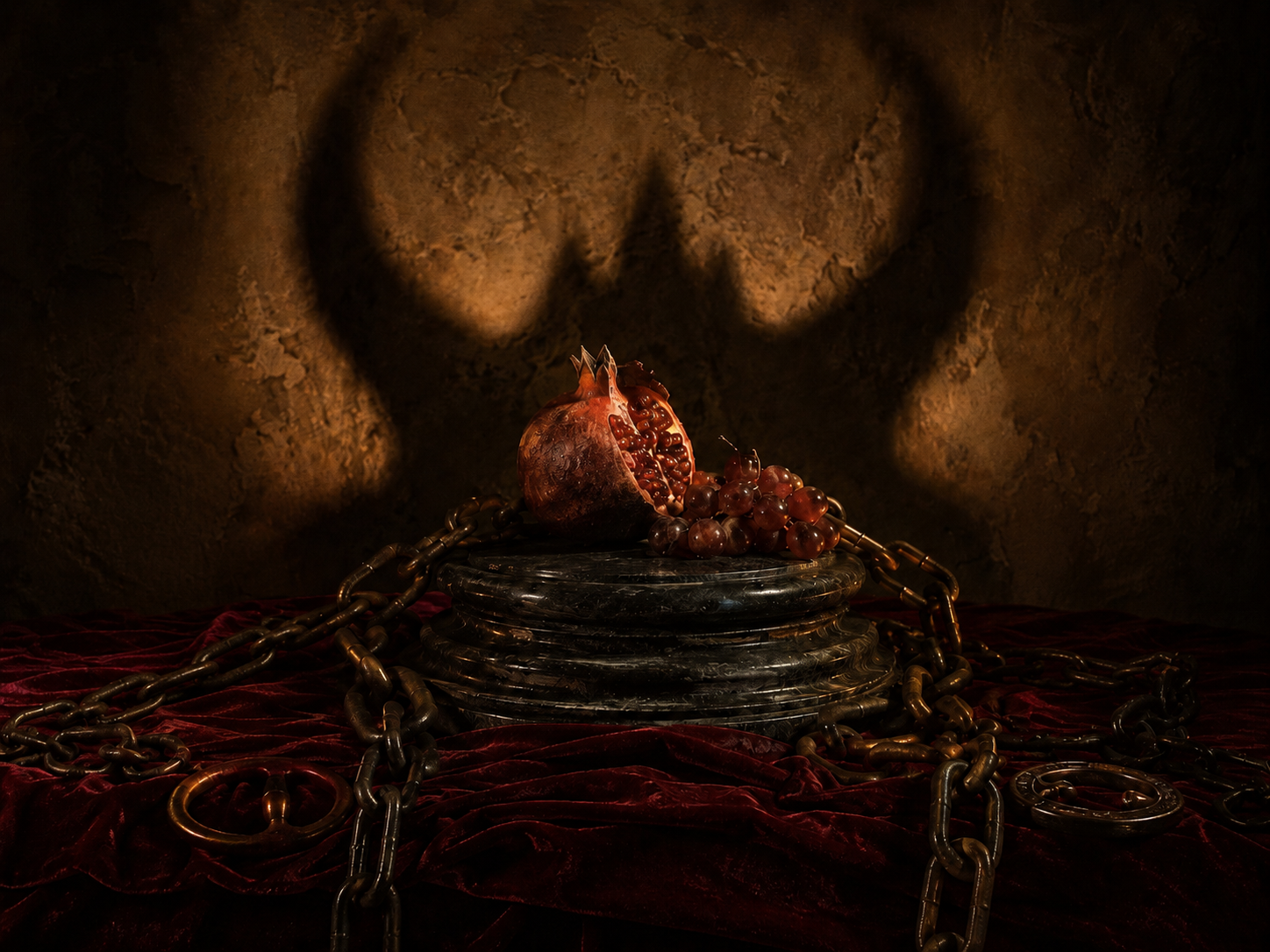 Símbolos da carta O Diabo no Tarot com correntes e pedestal