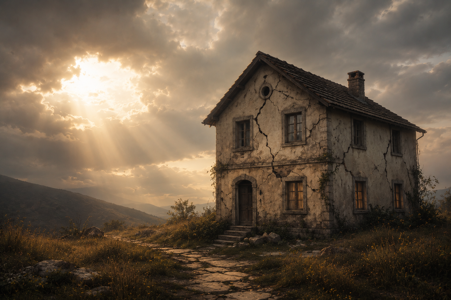 Casa com rachaduras simbolizando estruturas emocionais ao sonhar com casa caindo