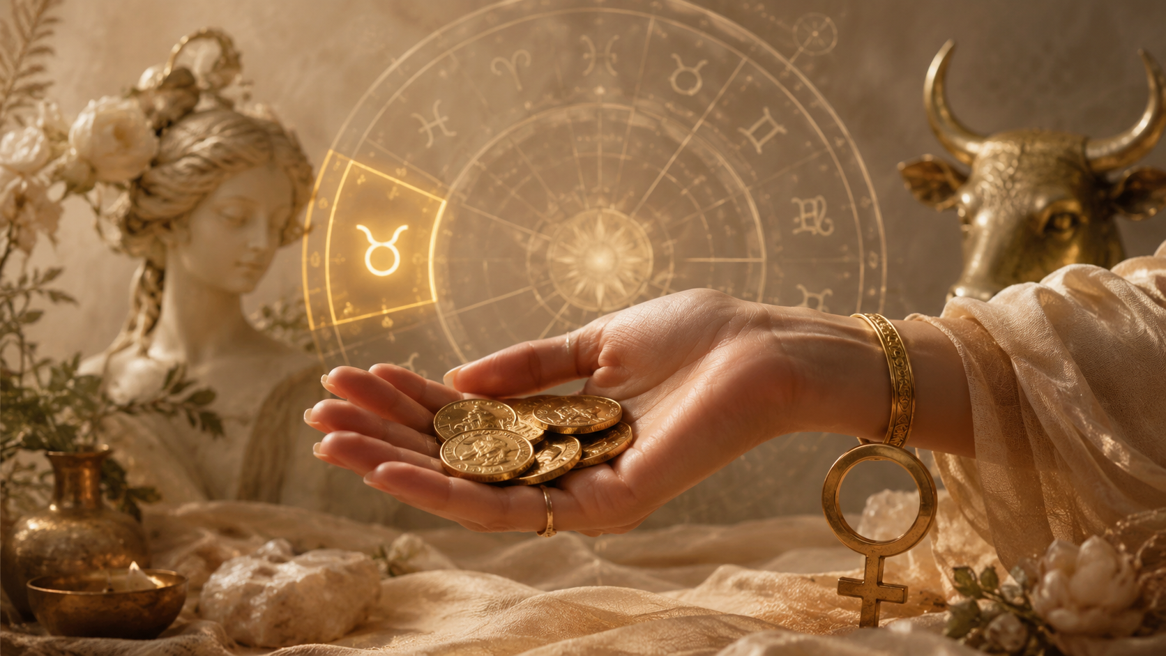 Casa 2 na Astrologia representada por moedas, mapa astral e símbolos de valor pessoal
