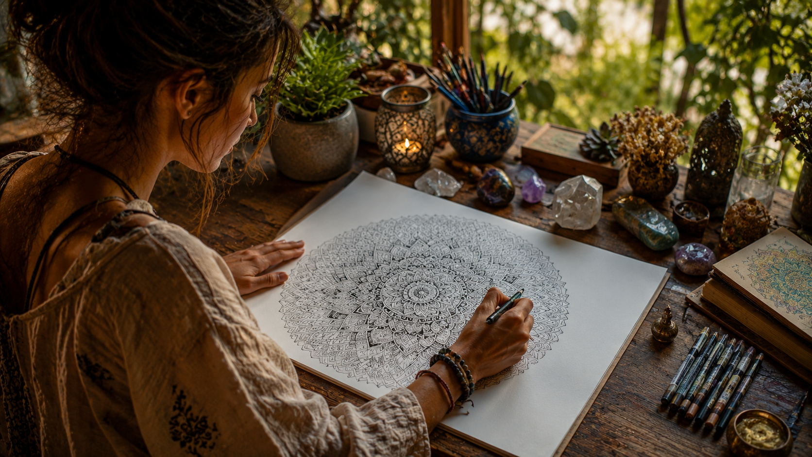 Pessoa desenhando uma mandala em momento de meditação