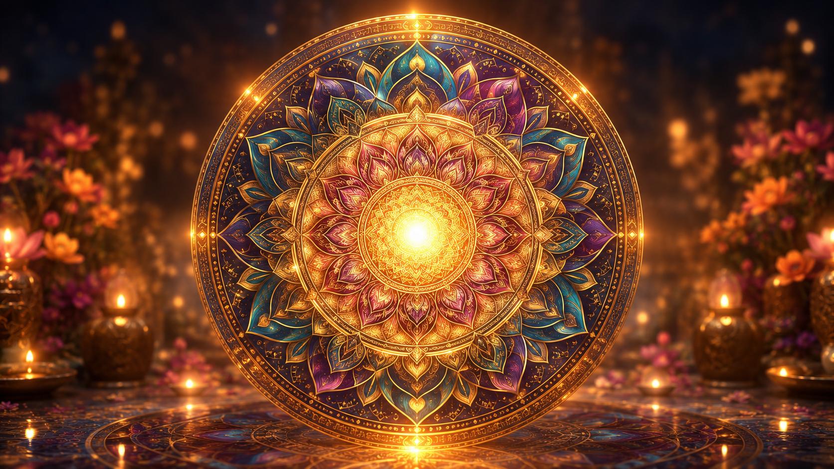 Mandala com centro iluminado simbolizando equilíbrio emocional