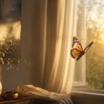 Borboleta iluminada pela janela simbolizando transformação espiritual e renovação interior