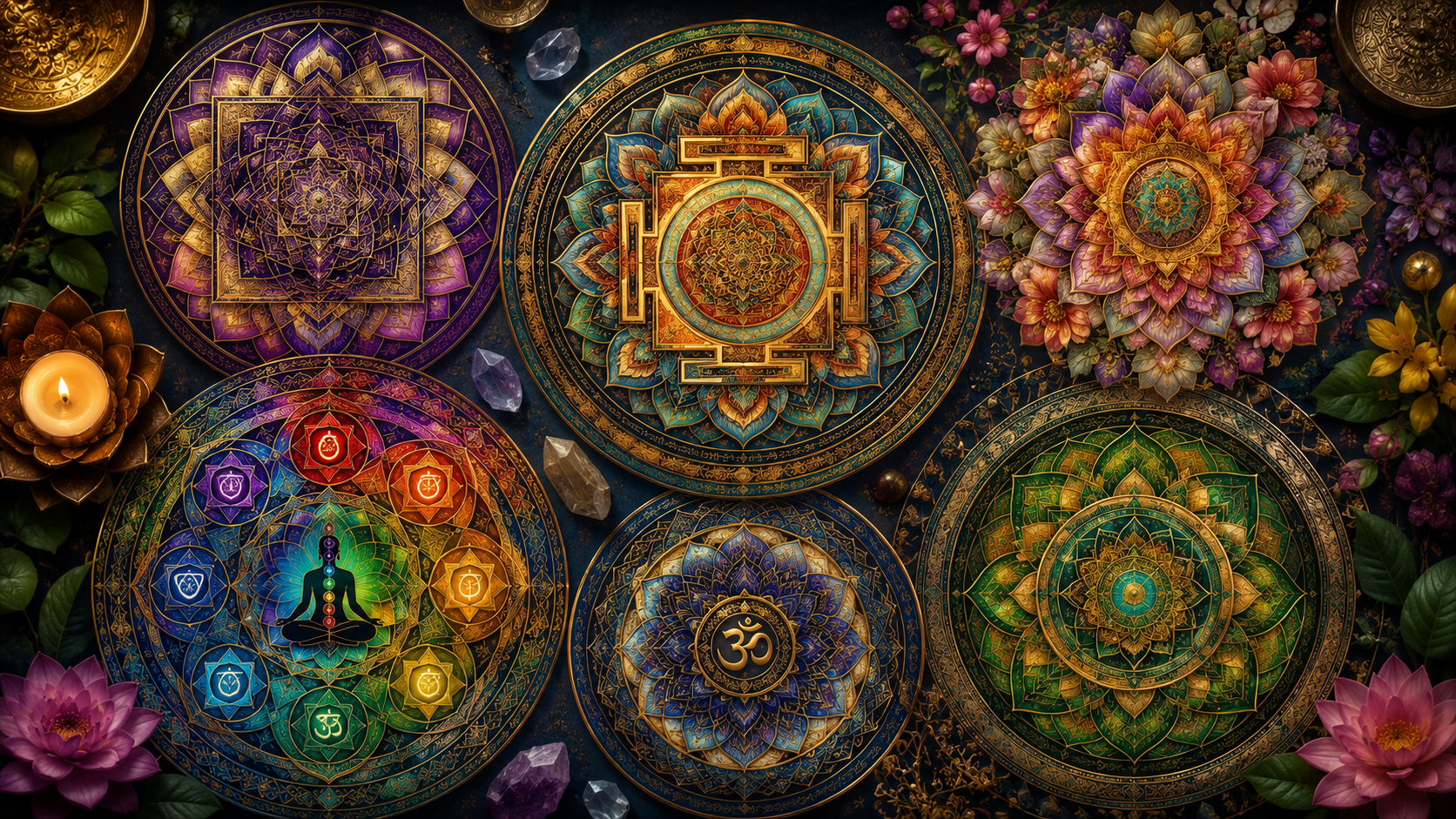 Diferentes tipos de mandalas geométricas, florais e espirituais